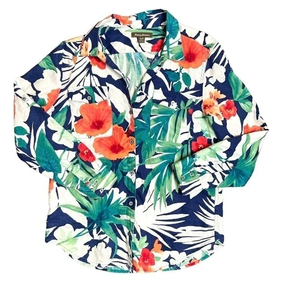 Tommy Bahama Victoria Bloom Floral Tropical Long Sleeve Palm Leaf Blouse Medium - Picture 10 of 13